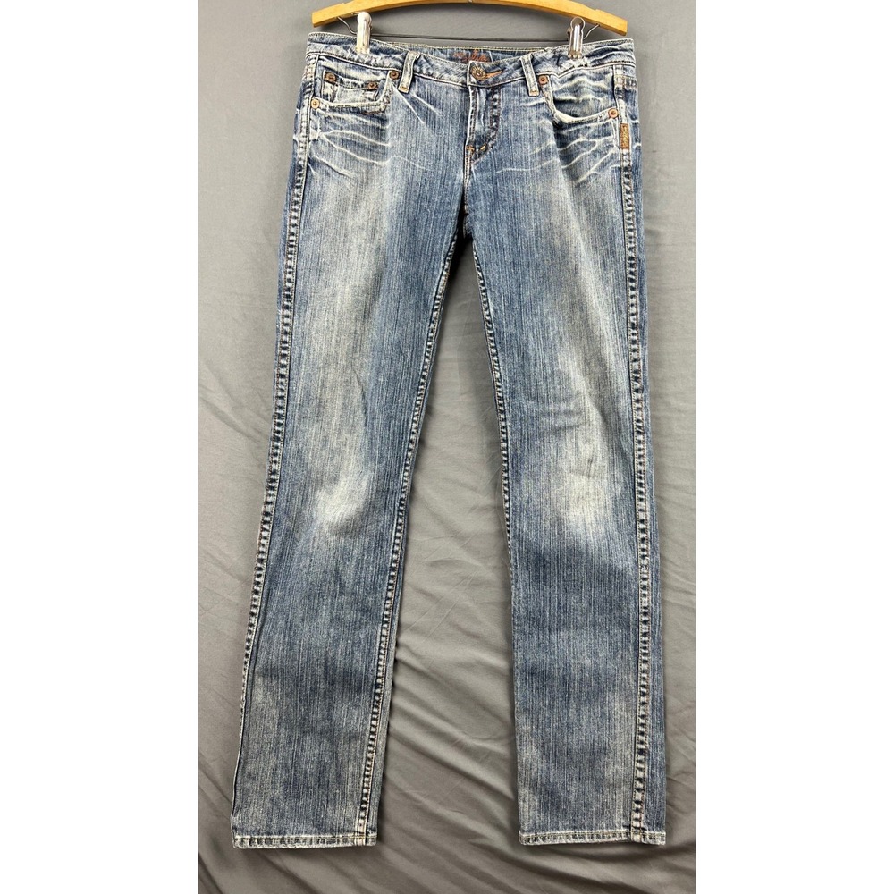 Silver Jeans Straight Leg Womens 32 Low Rise Blue Denim Whiskered Distressed